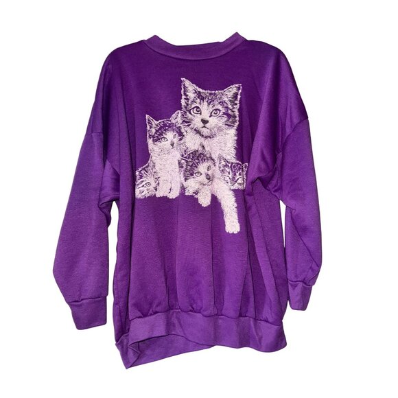 Oversized XXL vintage all over graphic Purple Cat Print Sweatshirt glitter - Picture 1 of 7